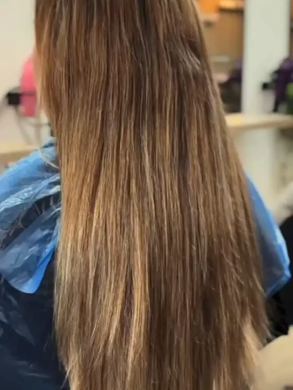 Melena larga y lisa en castaño con reflejos claros, vista de espaldas